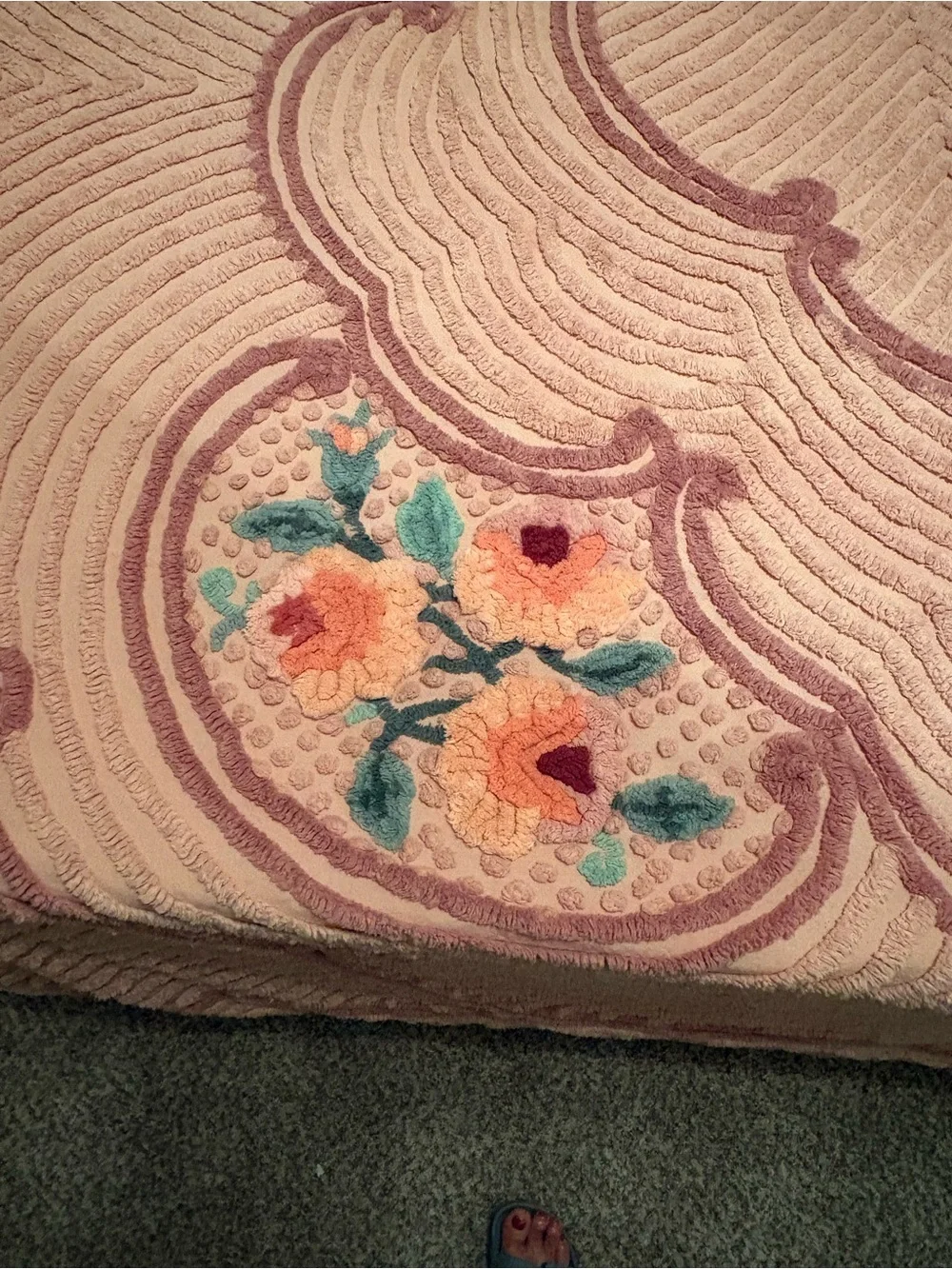 Rare Vintage Retrac Chenille Pair of Bedspreads Peach Floral Scrollwork